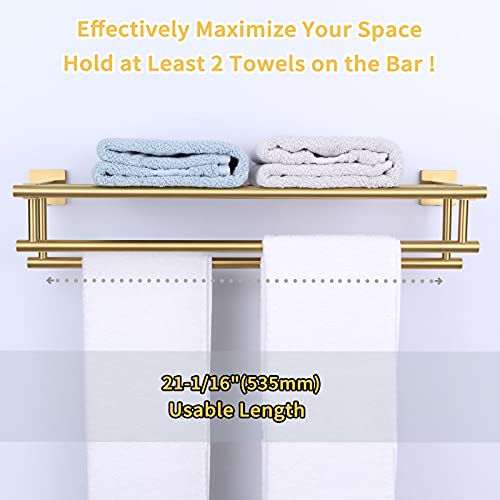 Bathroom Towel Shelf With Holder, Angle Simple Sus304 Stainless Steel Bath Towel Rack With Double Towel Bar, Wall Mount, Brushed Gold, 24-Inch #TOP6
