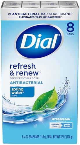 Dial Antibacterial Bar Soap, Refresh & Renew Spring Water Deodorant Bar, 4 oz (8 Bars)