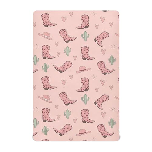 Image of VIGTRO Cowgirl Boots and Cacti Pattern Baby Crib Sheets for Boys Girls, Breathable Soft Fitted Crib Playard Sheets Baby Mattress Sheet, S 39x27x5in