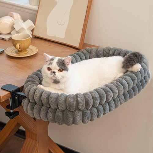 CHEERPALS Cat Desk Bed with Reversible Cushion, 90°Foldable Cat Hammock for Desk Mounted, Suitable for Medium-to-Large Cats and Puppy, Clowd Series(Grey, Large)