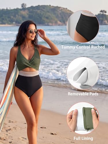 Image of B2prity Women's One Piece Swimsuit Tummy Control High Waisted Bathing Suit | Color Block,Removable Soft Cups,Cutout,V neck,Full Coverage,Adjustable Criss Cross Straps,Tie Back
