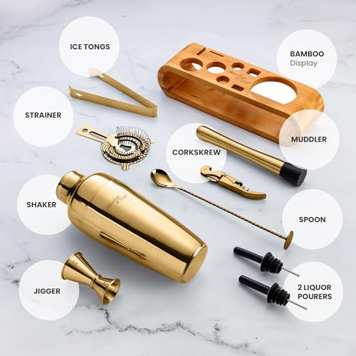 Mixology Bartender Kit: 10-Piece Bar Tool Set with Bamboo Stand | Perfect Home Bartending Kit and Martini Cocktail Shaker Set For a Perfect Drink Mixing Experience | Fun Housewarming Gift (Gold) - Thumbnail 2