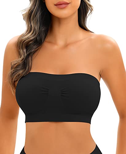 Documo Bandeau Bra Padded Strapless Bras For Women Wireless Tube Top Bra Seamless Bandeau Bralettes (Black, X-Small) #TOP5