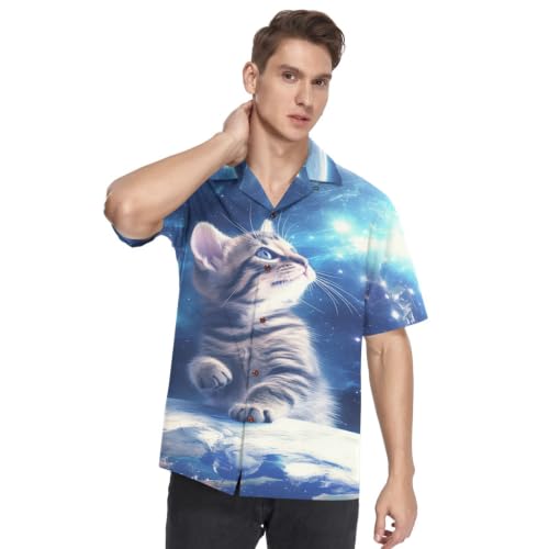 Chemise Hawaïenne Homme Chaton Gris Cosmique Manches Courtes Boutonnée Avant