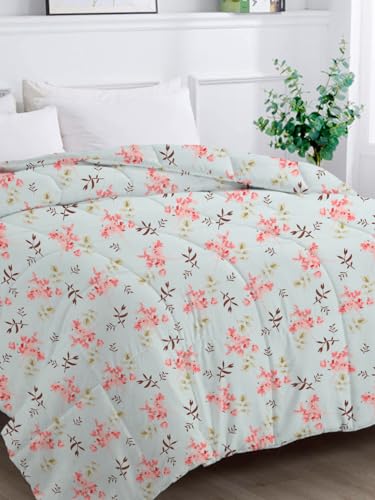 Image of HOMEKART 220 GSM Premium Reversible Microfiber AC Comforter for Double Bed | Soft, Lightweight & Breathable All-Season 3-Layer Quilted Blanket (220 x 240 cm, Floral Aqua & Pink)