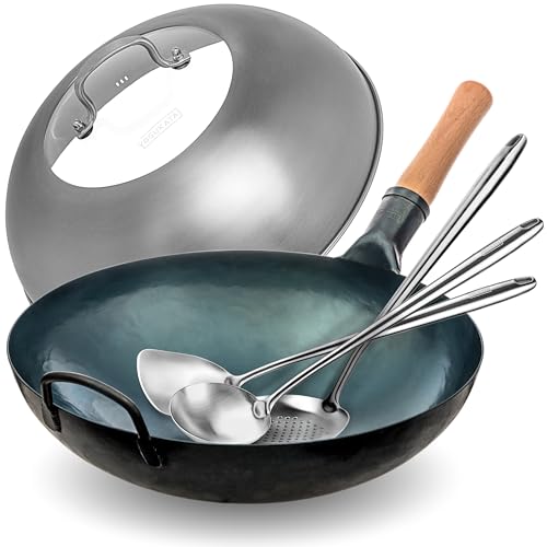 Image of YOSUKATA Blue Round Bottom Wok Pan – 14" Woks and Stir Fry Pans + 17" Wok Spatula and Ladle Skimmer Spoon + Wok Lid 13.6 Inch