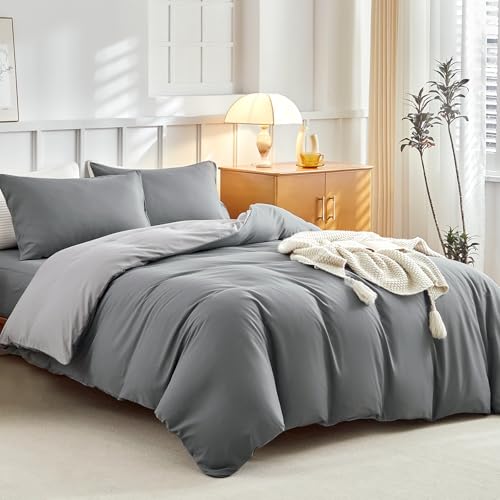 Tokokimo Juego de ropa de cama doble de 4 piezas, funda de edredón de microfibra ultrasuave, con fundas de almohada y sábana bajera ajustable de 40 cm de profundidad, color gris