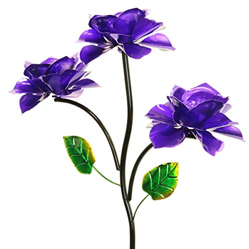 Exhart Three Purple Roses Wind Spinner Garden Stake - Rose Flower Spinners Hand Painted in Metallic Purple & Green Colors - Fade-Resistant Metal Rose Pinwheels - Kinetic Art Flower DÃ©cor 20"L x 54"H