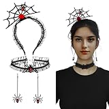 Chanseen 4Pcs Spider Costume Accessories for Women, Spider Web Headband, Spider Choker Necklace and Spider Dangle Earrings for Halloween Dress Up Cosplay Party (Black and Red) (Spider Style 2)