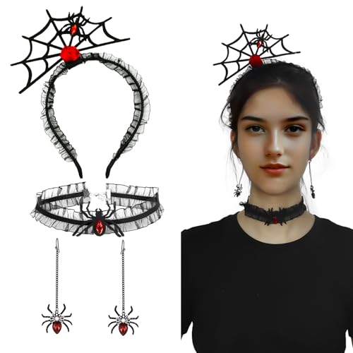 Chanseen 4Pcs Spider Costume Accessories for Women, Spider Web Headband, Spider Choker Necklace and Spider Dangle Earrings for Halloween Dress Up Cosplay Party (Black and Red) (Spider Style 2)