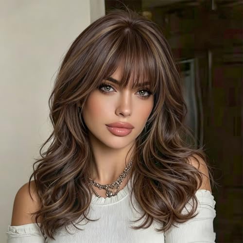 Lativ Brown Highlights Wig with Bangs for Women Synthetic Layered Wavy wig