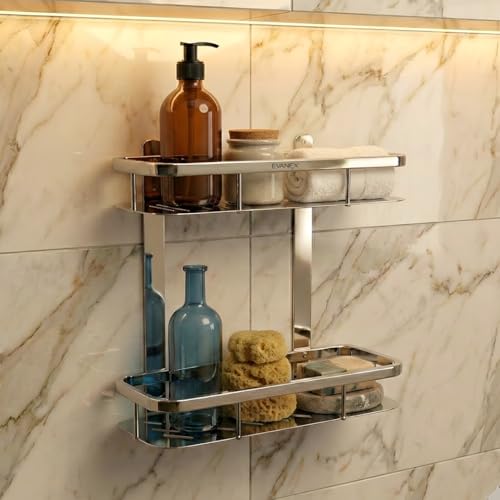 Image of EVANEX Double Layer Bathroom Shelf| 5x12 Inch Bathroom Shelf Organiser Racks| 304 Stainless Steel Wall Mount 2 Layer Multipurpose Storage Organizer for Toiletries and Bathroom Accessories