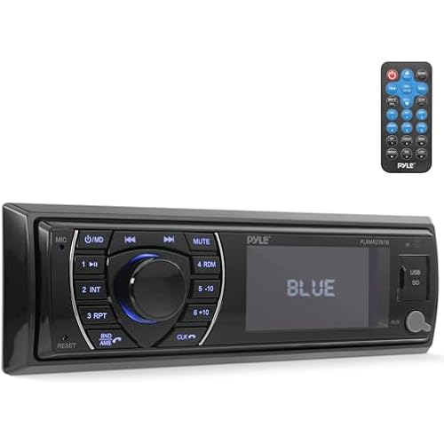 Pyle Bluetooth Marine Receiver Stereo - 12v Single DIN Style Boat In dash Radio Receiver System with Digital LCD, RCA, MP3, USB, SD, AM FM Radio - Remote Control, Wiring Harness - PLRMR27BTB (Black)
