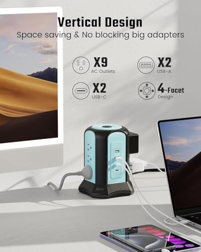 Power Strip Tower Surge Protector, SUPERDANNY Desktop Charging Station, 10 Ft Extension Cord, 9 Outlets, 4 USB Ports, 1080 Joules, 3-Prong, Grounded, Multiple Protections for Home, Office, Blue