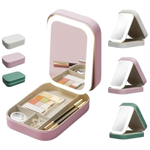 LED Three-Color Adjustable Makeup Mirror - Lovelifec Travel Makeup Bag with LED Mirror Cosmetic Organizer Portable Integrated Makeup Storage Box Vanity Mirror Jewelry Box (Pink) Cover