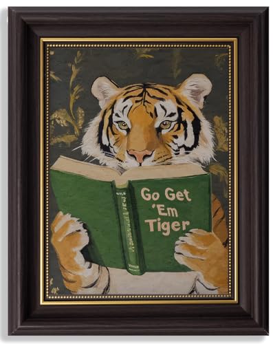 Vintage Framed Wall Art Motivational Tiger Go Get’Em Tiger Animal Reading Painting Picture Wall Decor Humorous Bookworm Poster Print Artwork for Library Office Or Study Home Decoration