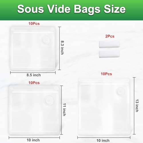 Image of Higfra Sous Vide Bags 30 Pcs & 2 Seal Clips, Upgraded Valve Reusable BPA Free Vacuum Sealer Bags Vacuum Food Storage Bags for Cooking, Food Storage, Microwave Heating
