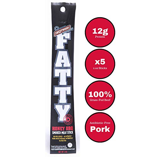 Sweetwood Smokehouse Fatty Meat Stick | Honey BBQ Flavor | 5 Pack | 2 oz Sticks | USA Grass Fed Beef, Antibiotic Free Pork | Paleo, Gluten Free, Slow Smoked Meat Snack | No Nitrites or Added MSG
