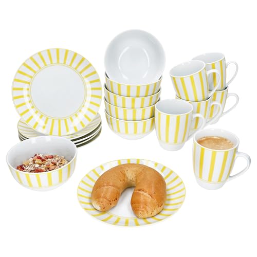 MamboCat Split gelb 18tlg Frühstücksset I je 6x gestreifte Kuchenteller, Müslischalen 400 ml & Kaffeebecher 300 ml aus Porzellan I 6 Personen I gelbes Streifen-Dekor für Frühstück & Kaffee