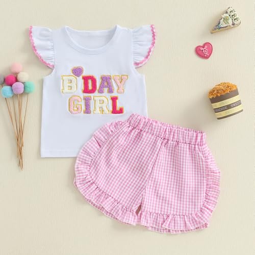 Kayotuas Toddler Baby Girl Birthday Outfit Birthday Girl Shirt Ruffle Gingham Shorts Cute Summer Clothes Cake Smash Outfits3