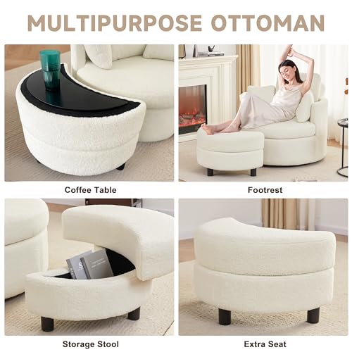 AYEASY Swivel Chair with Half Moon Storage Ottoman, Round Oversized Barrel Chair with Base Storage for Living Room, 360°Modern Swivel Accent Chair with 3 Pillows for Home, Teddy Fabric,Beige