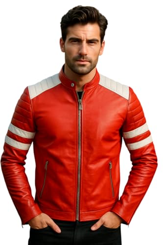 Red Leather Motorcycle Jacket - Red Cosplay Costume Biker Leather Coat for Men