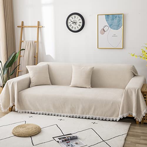 Roomlife Elegant Ivory White Chenille Sofa Slipcover With Lace Edge Universal Sofa Covers For 2-3 Cushion Couch Living Room Furniture Protector Couch Cover Blanket For Dogs Pet, 71"X118" #TOP3