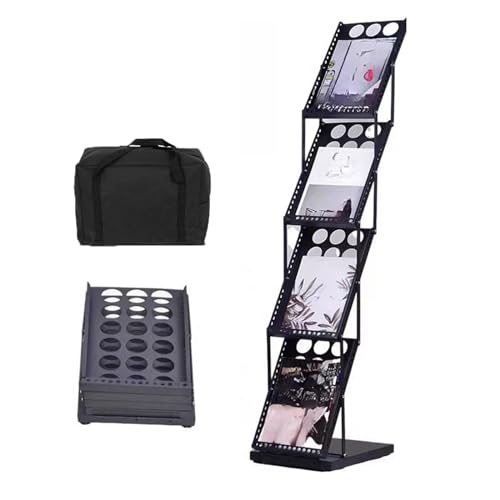 Foldable Magazine Display Rack with Carrying Bag, Metal, 4 Pockets, Catalog Rack, Brochure Literature Stand for Exhibition Trade Show Office Retail Store, Black