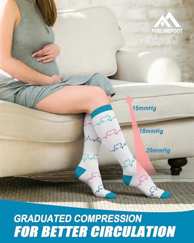 Image of FuelMeFoot 6 Pairs Compression Socks for Women & Men 15-20mmHg Graduated Support Knee High Socks for Nurses, Travel, Athletic
