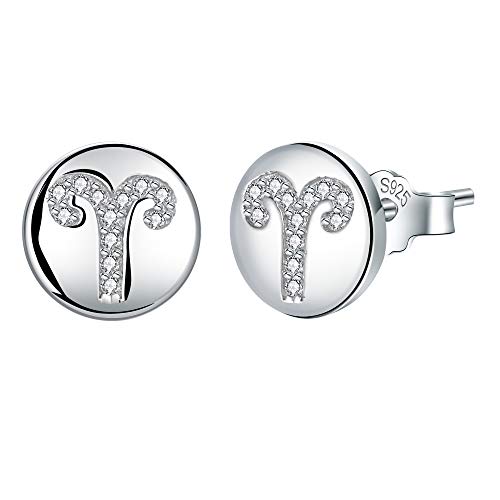J.Endéar Sternzeichen Widder Ohrringe Damen Mädchen, Ohrstecker Silber 925 Zirkonia 8 * 8mm Runde Kleine Ohrringe Schmuck Geschenk Cover
