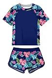 ADUKIDE Girls Bathing Suit with Shorts 2 Piece Rashguard Set 13-14T Flower Short Sleeve Swimsuit Hawaiian...