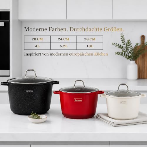 GOLDMANN Kochtopf Aluguss/Suppentopf, 28 cm, 10L, antihaftbeschichtete Keramik in Marmoroptik, Glasdeckel, geeignet für Induktion und alle Herdarten, ofenfest und PFOA-frei