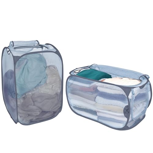 Smart Design Mesh Pop Up Flip Laundry Hamper and Basket - Handles and Side Zipper - Durable Fabric Collapsible Design - Clothes, Toys - Home - Holds 3 Loads - 15 x 25 Inch - Teal