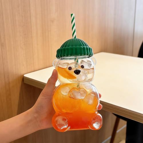 Image of New Plastic Bear Straw Cup 500ML Cute Bear Plastic Tumbler with Reusable Straw - Viral Animal Design for Smoothies, Boba & Iced Coffee (Green)