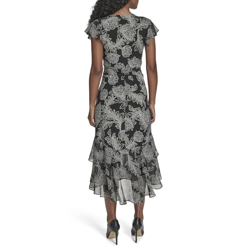 Image of Tommy Hilfiger Women's Flutter Sleeve V-Neck Ruffle Trim Hi-Lo Midi Dress