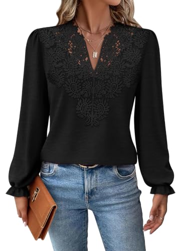 WIHOLL Womens Tops Lace Long Sleeve Tops for Women Boho V Neck Blouses