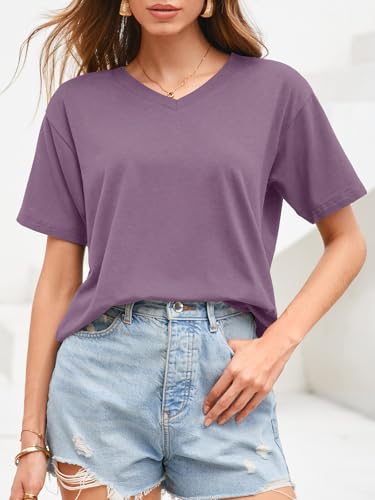 UNCLECAT Women Cropped T Shirts Casual Short Sleeve V Neck Crop Tops 2026 Summer Soft Loose Basic Tee Grape Purple — view 4