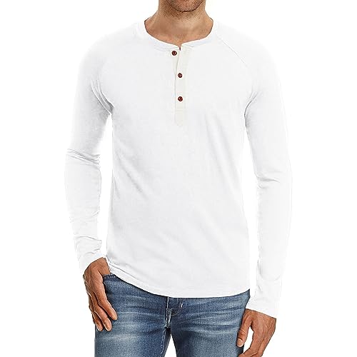 Maiyifu-GJ Men's Henley Long Sleeve Cotton Shirt Casual Running Button Down Undershirt Slim Fit Round Neck Tops (White,Medium)