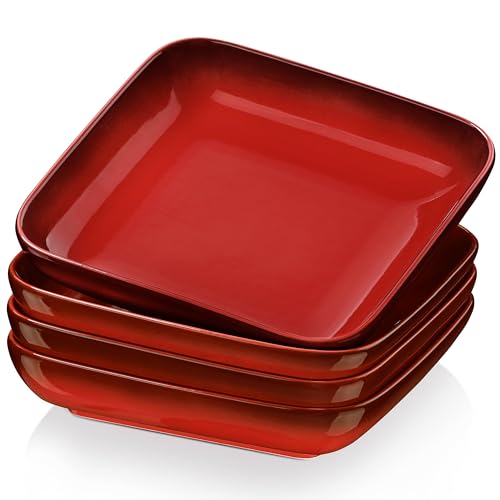 LOVECASA Pasta Bowls Set of 4, 35 OZ Square Serving Bowls, 8.3 Large Pasta Bowls Salad Bowls, Ceramic Dinner Plates, Cereal Dessert Plates, Red.