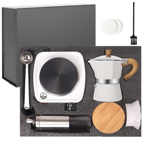 Vaolvpant 7-in-1 Aluminum Moka Pot Set with Electric Stove Hand Grinder Moka Dispenser Classic Stovetop Espresso Coffee Maker 150ml 5oz Mocha Express Portable Camping Travel Cafe Makers 3 Cup