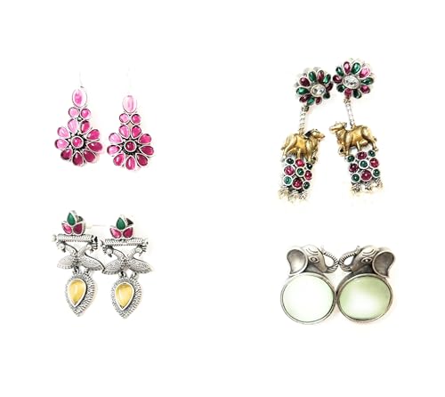 Image of Oxidised Silver Tone Traditional brass Earrings, Peacock and Nandi Motif, Multicolour Stone, Pearl Drop, Set of 4