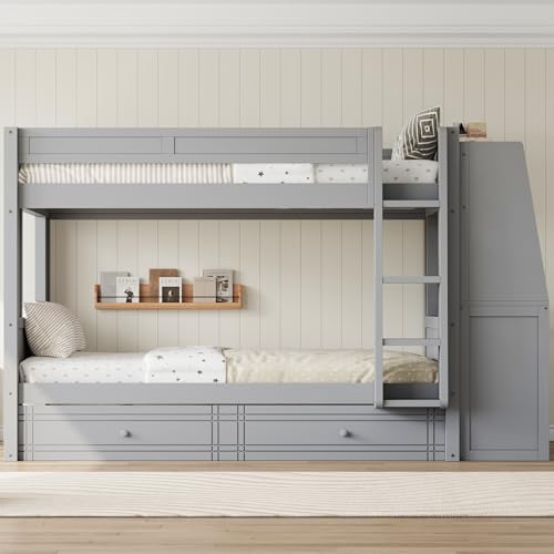 Ball & Cast Full Size Bunk Bed with Desk,Multifunctional Wood Bunkbed w/Bookshelves and Storage Drawers,Stairs,Full-Length Guardrail,Bedroom Furniture for Student Dorms,Gray