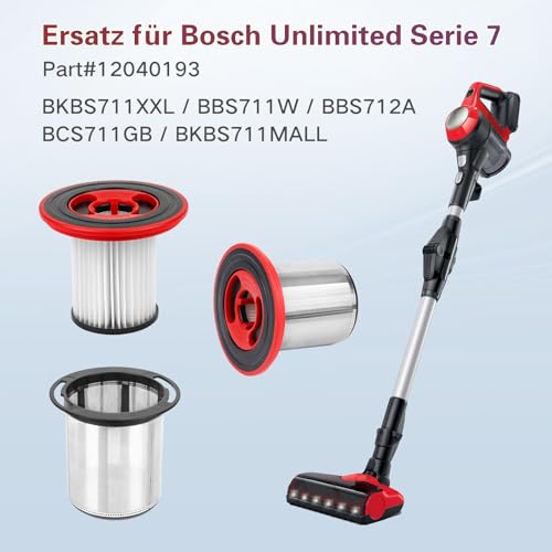 4 Stück 12040193 Ersatzfilter für Bosch Unlimited Serie 7 Akku-Staubsauger BKS711XXL, BBS711W, BBS712A, BCS711GB, BKS711MALL Filter mit Reinigungsbürste