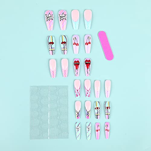 Long Press On Nails Coffin Fake Nails With Multicolour Graffiti Design Premium Artificial Nail Set Acrylic Glue On False Nail Stick On Nails For Women Gifts Reusable Full Cover Gel Nails-24Pcs #TOP1