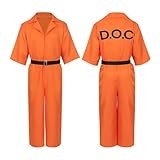 Orange Prison Jumpsuit Costume Mens Halloween Inmate Outfit Adult Jail Uniform Half Sleeve Prisoner Romper with Belt (Orange, XX-Large)