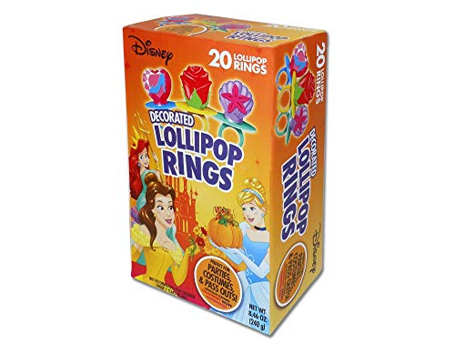 Flix Candy (1) Box 20pc Decorated Lollipop Rings - Candy in Disney Princess Inspired Shapes - Perfect for Halloween Parties & Costumes! - Strawberry, Grape & Watermelon Flavors