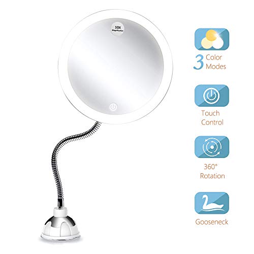 Gianic Espejo Maquillaje Flexible con luz LED Aumento 10X, Espejo Cosmético Iluminoso, Espejo Ventosa con 360 Rotación,Portátil y Compacto, Espejo Iluminado de Baño para Cosmético, Afeitar y Viaje