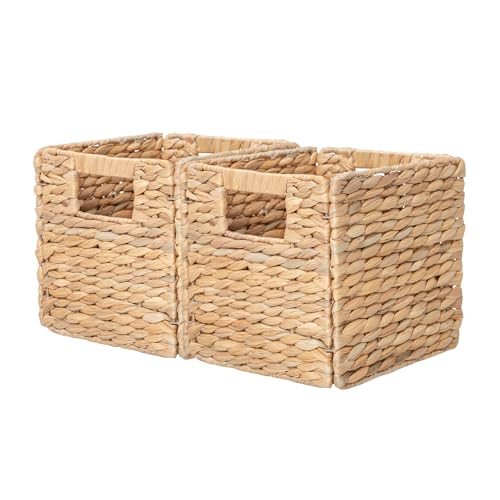 YAHUAN Foldable Water Hyacinth Storage Cubes 9X9 Hand Woven Wicker Storage Bins Square Basket Storage Baskets for Shelves (Water hyacinth 2-pack)