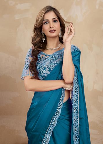 Image of TRENDMALLS Women's Designer Rangoli Silk Embroidered Saree with Floral Cutwork Border, Sequin Work and Unstitched Blouse Piece For Women