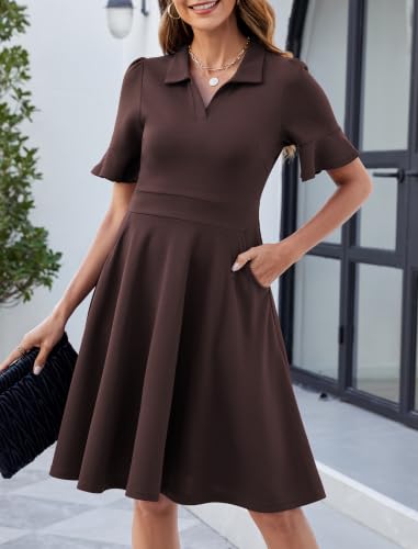 Image of Mokayee Womens Summer Ruffle Sleeve Collared V Neck Fit and Flare Elegant A line Swing Dresses with Pockets